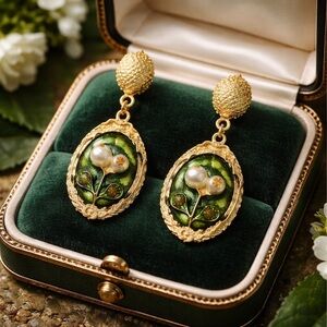 French Monet Style Elegant Gold and Green Floral Earrings